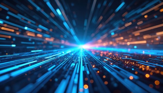 Abstract digital data stream. Lines of blue and orange light zoom into bright center. Represents fast information transfer cyberspace network traffic and future tech.
