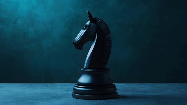 Dark chess knight piece stands prominently against a moody textured teal blue background