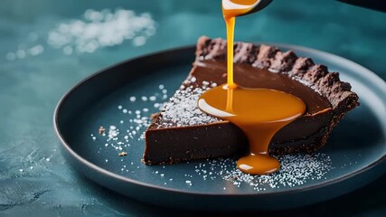 Slice of rich dark chocolate tart with caramel drizzle and coarse salt topping on a plate - Powered by Adobe