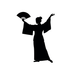 Silhouette of a Japanese dancer with fan in kimono.