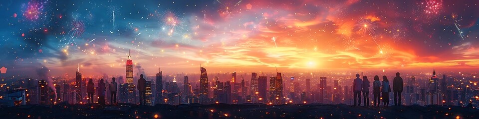 Obraz premium Panoramic Cityscape at Sunset with Silhouetted Crowd A Vibrant Celebration of Light and Community