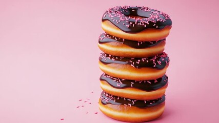 Stack of five chocolate frosted donuts with pink sprinkles against a solid pastel pink background - Powered by Adobe