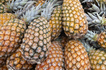 Pile of fresh ripe pineapples on display at a market