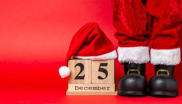 Santa hat on calendar block showing 25 December with Santa boots on red background.