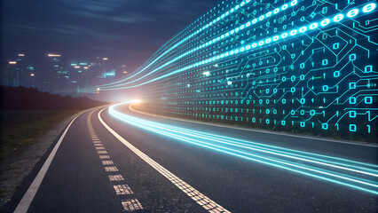 Streaming data, binary data moving on a digital road - Digital Code road concept