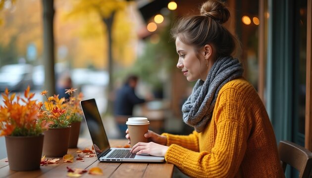 Young woman works on laptop at outdoor cafe with coffee in autumn. Girl student studies online using computer. Freelancer enjoys remote job, typing on a wooden table with fall leaves outside.