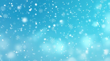 Fototapeta premium Soft gentle snowfall on a bright sky-blue background, small glowing snowflakes drifting slowly, smooth bokeh lights, cute cartoon winter atmosphere