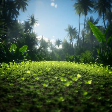 Jungle Vista: A vibrant jungle scene bursts forth with a profusion of lush vegetation, palm trees, and radiant sunlight filtering through the canopy, illuminating a path of pure nature.