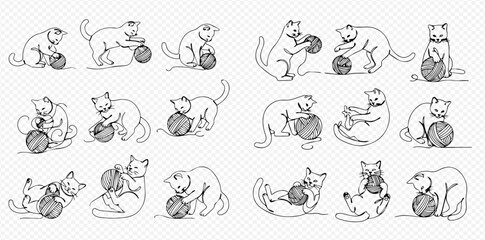 A collection of playful cat illustrations depicting various poses while interacting with a ball of yarn.