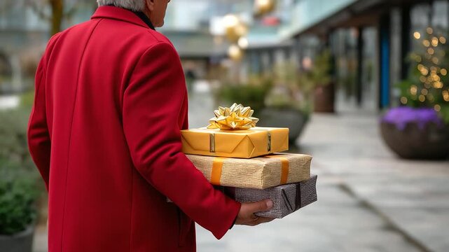 Back-view faceless elderly man in a red tailored coat walking with wrapped presents, soft-focus holiday decorations in background, with copy space