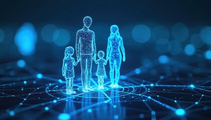 Digital family figures stand on secure network. Father, mother, children connect with glowing lines, illustrating online protection for home. Internet safety, data privacy, secure tech crucial for