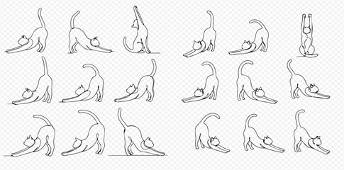Collection of line art illustrations depicting cats stretching in various playful and natural poses, showcasing feline flexibility.