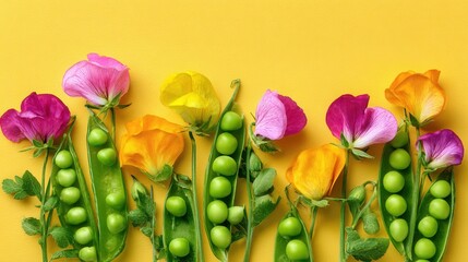 Colorful flowers green peas on yellow background