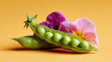 Peas pansy flower arrangement on orange background