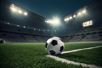 Soccer ball on green stadium field