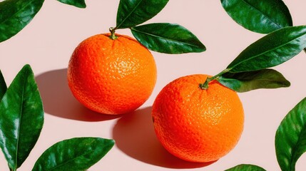 Fresh oranges with green leaves on pastel pink background