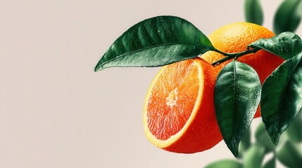Fresh orange with leaves on branch
