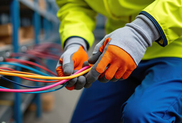Electrical engineer in protective gloves inspects colorful wires. Person handles vibrant cables in industrial setting. Safety gear contrasts with bright wires.