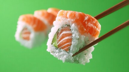 Sushi rolls with salmon on bright green background