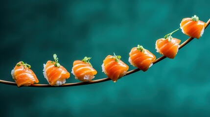 Sushi pieces artfully arranged on branch