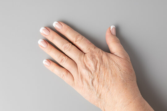 Aging hand of adult 70 year old woman with age spots, deep wrinkles on skin and french manicure nails. Skin aging and elderly nail care concept. Female hand on grey background.