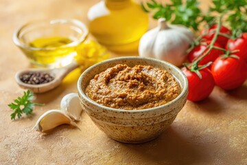 Fresh Baba Ganoush in Rustic Bowl with Ingredients on Wooden Table