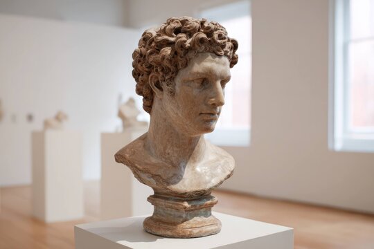 Classical marble bust displayed on pedestal in bright museum hall