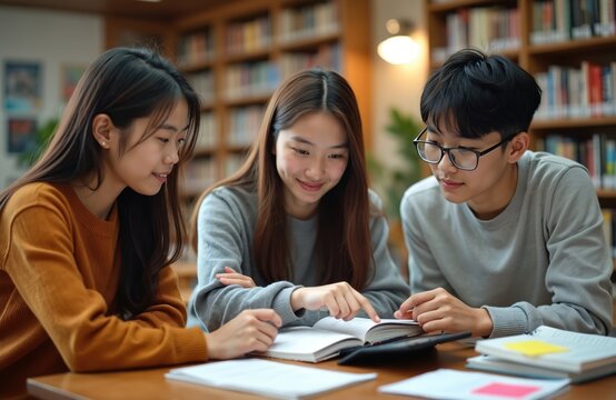 Three Asian university students study together in campus library setting. Two young women and one man read open book, point at text. They collaborate on projects, share info, learn actively for exams. - Powered by Adobe