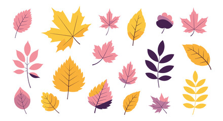 Obraz premium A vibrant collection of stylized autumn leaves in various shapes and colors, including pink, yellow, and purple, perfect for fall designs.