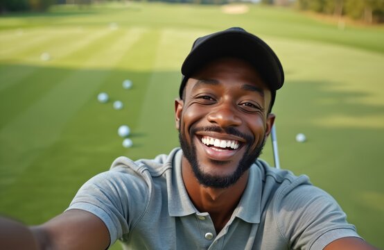 Happy young African American man taking selfie on golf course. Smiling male golfer holding golf club on green grass field. Cheerful person enjoying outdoor recreation on sunny day.
