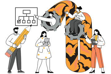 Skills and Work Organization Concept: Employees Planning and Streamlining Processes with Gears and Flow Diagram