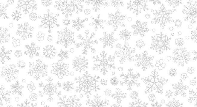 Intricate black and white seamless pattern featuring various snowflake designs, small flowers, and scattered dots for winter and holiday themes.