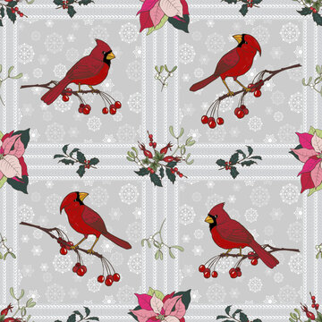Christmas plants and cardinals. Christmas seamless pattern with birds and snowflakes
