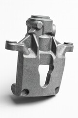 Heavy industrial cast iron support bracket, mechanical mounting component isolated on white background