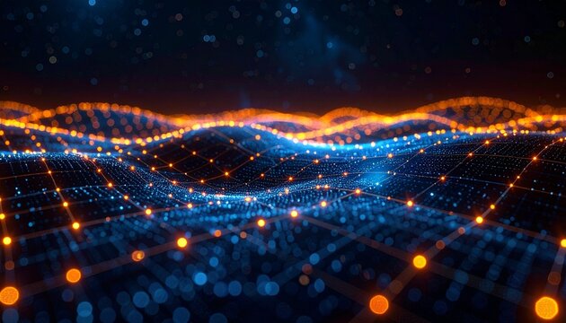 3D data mesh glowing in blue and orange