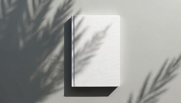 White hardcover book blank cover. Top view of empty white book on light grey surface with natural plant shadows. Useful for design mockups and branding.