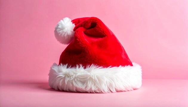 Santa hat on hot dog with mustard, blue background.