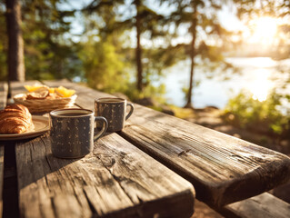 Enjoying a peaceful morning with coffee and croissants by a lakeside in nature
