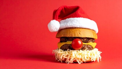 Santa-styled hamburger with tomato nose and cheese beard on red background.