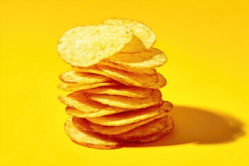 Fototapeta premium A stack of golden potato chips against a bright yellow backdrop