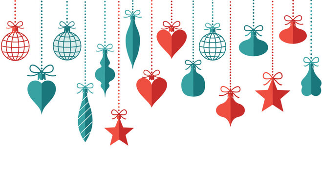 Hanging festive red and teal Christmas ornaments with bows and dotted lines, creating a minimalist holiday decoration on a white background. - Powered by Adobe