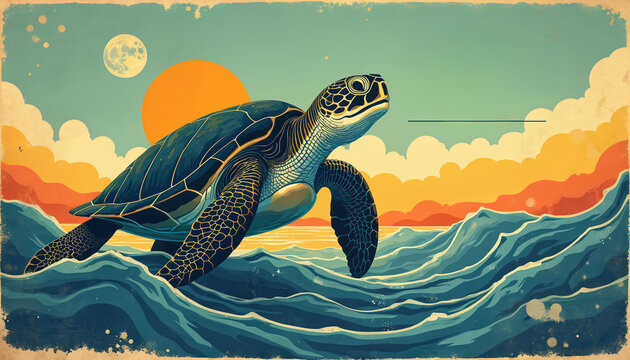 Illustration of a sea turtle swimming in ocean against sunset. Colorful art design highlights marine life protection. Suitable for World Turtle Day. It promotes eco awareness. - Powered by Adobe