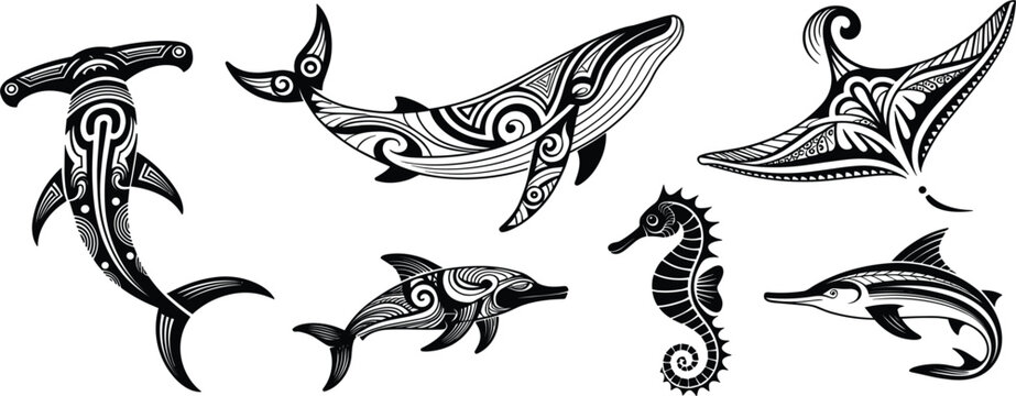 Polynesian Tattoo Marine Animals Vector Set, Maori Style Whale, Shark, Ray, Dolphin, Seahorse Collection, Tribal Ocean Life Art