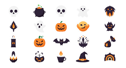 A collection of flat design Halloween icons featuring skulls, ghosts, pumpkins, bats, cauldrons, and witch hats, perfect for spooky holiday themes.