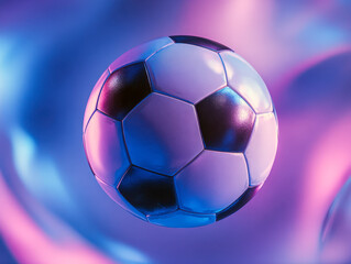 Naklejka premium Traditional black and white patterned soccer ball floating against vibrant glowing background with blue and pink neon light reflections
