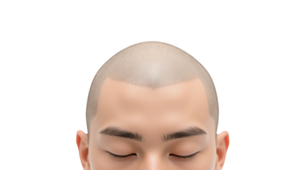 Close up view of male head with shaved hairstyle, showcasing smooth skin and closed eyes, conveying sense of calm and tranquility