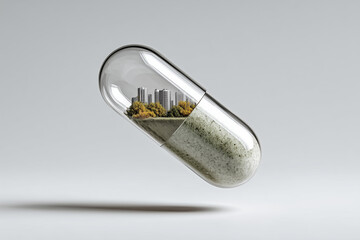 Medicine tablet displaying downtown skyline by water and green herbal grain for sustainable ecology and travel concept