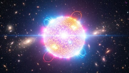 A vibrant, colorful, star-like object with a glowing, radiant core and multiple, smaller, circular, glowing rings in a cosmic, starry, outer space setting.