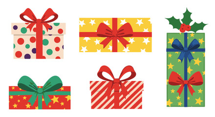 Various festive Christmas gift boxes with colorful wrapping papers and decorative bows, ready for holiday celebrations.