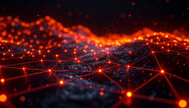 Red-orange data mesh glowing over cosmic surface